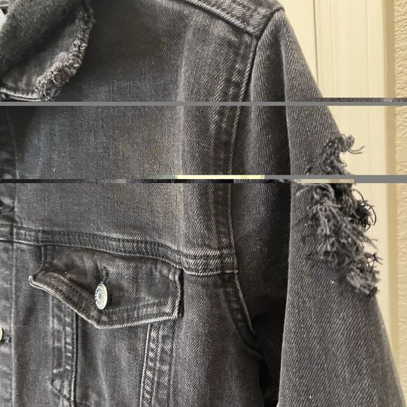 H&M Black Denim Jean Bad Vibes Check Your Ego Graphic Jacket Womens Size L - Picture 4 of 11